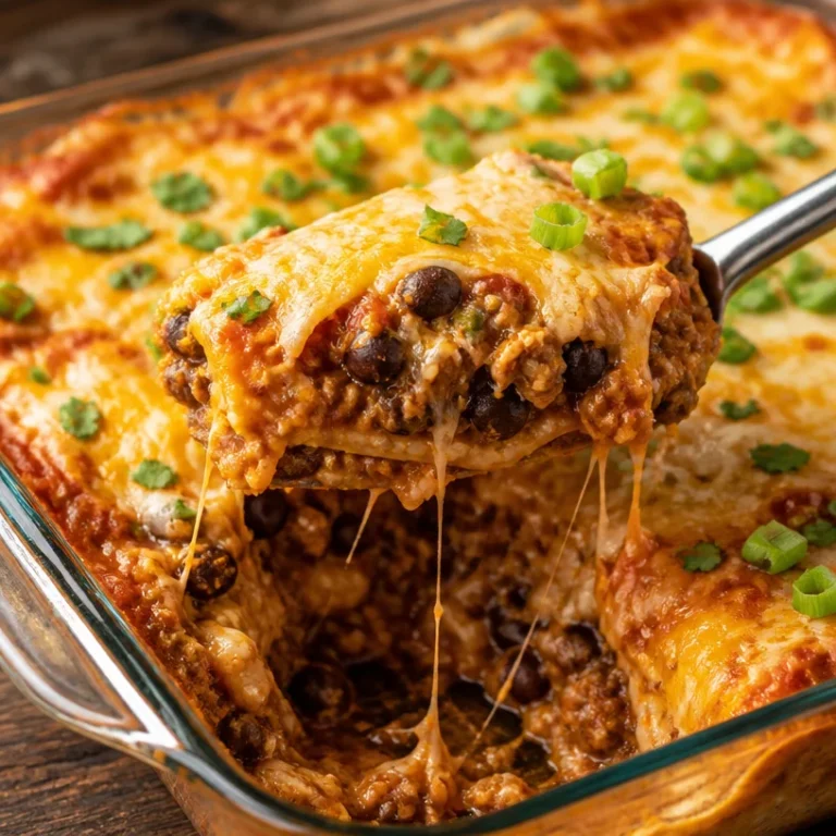 Delicious Protein Burrito Casserole served in a baking dish with toppings.