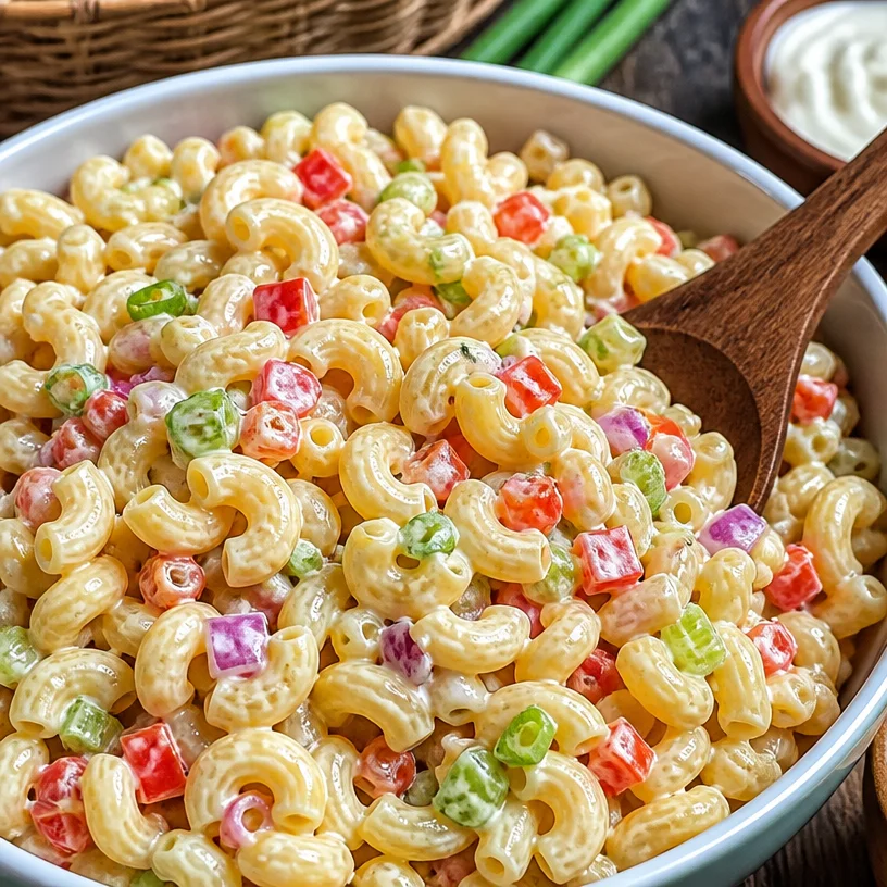 Colorful rainbow macaroni salad with fresh vegetables and dressing