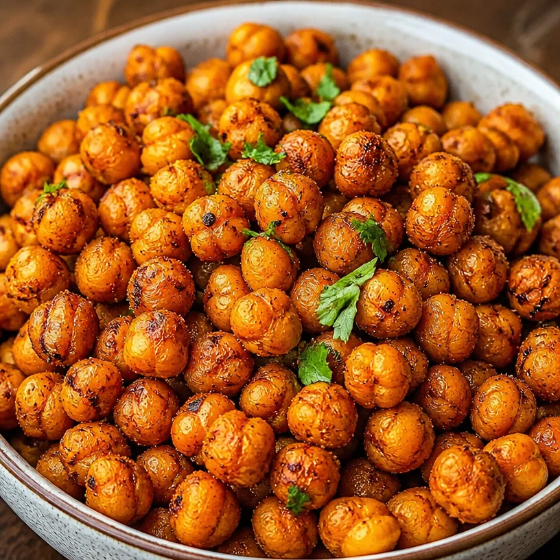 Bowl of spicy roasted chickpeas, a healthy and crunchy snack option.