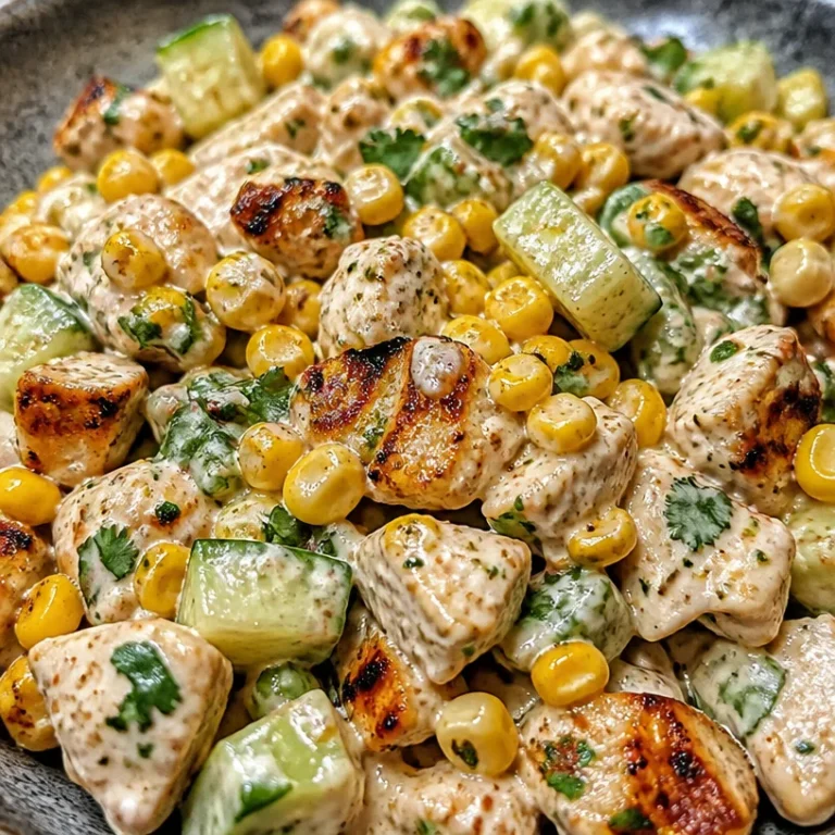Creamy cucumber chicken salad with street corn for a refreshing summer dish.
