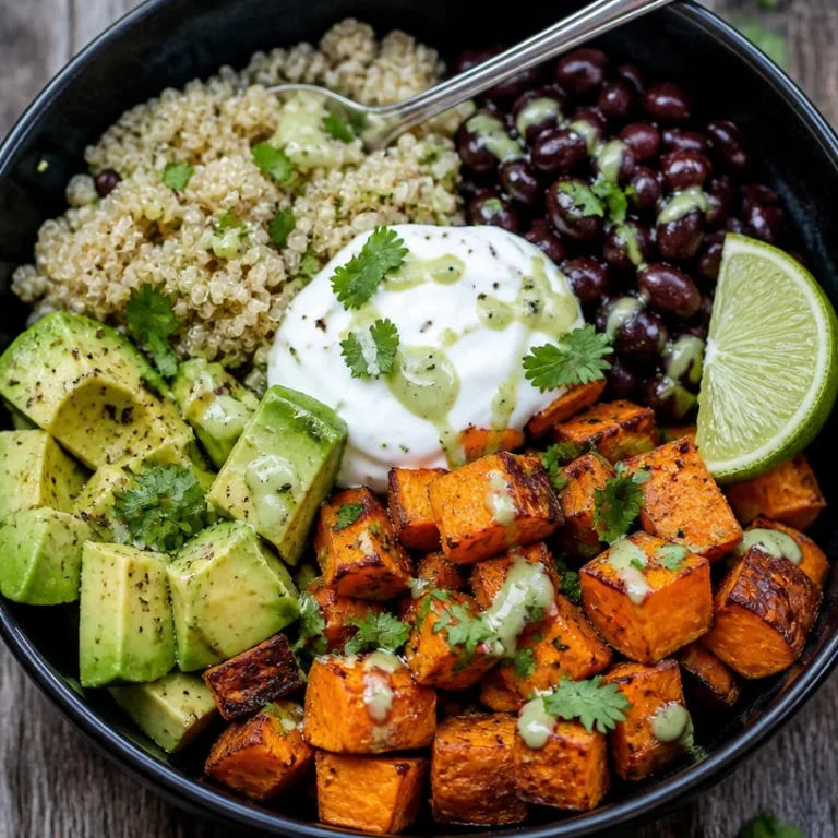 Sweet Potato Black Bean Quinoa Bowl garnished with fresh herbs and avocado