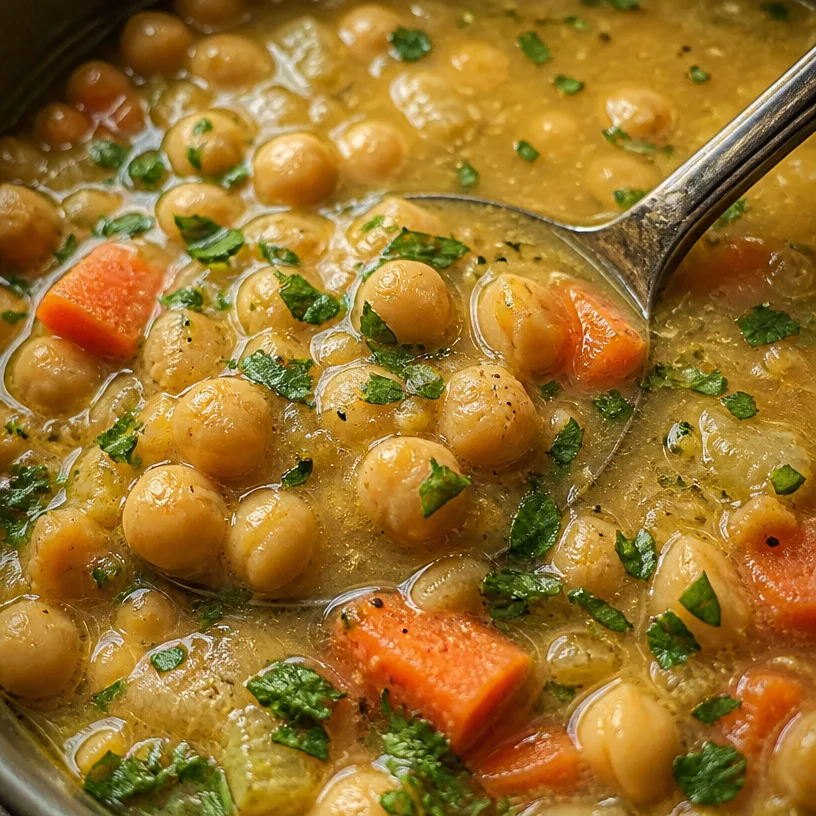 Bowl of vegan garlic chickpea soup garnished with herbs