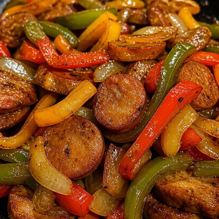 Vegan sausage and peppers dish served on a plate