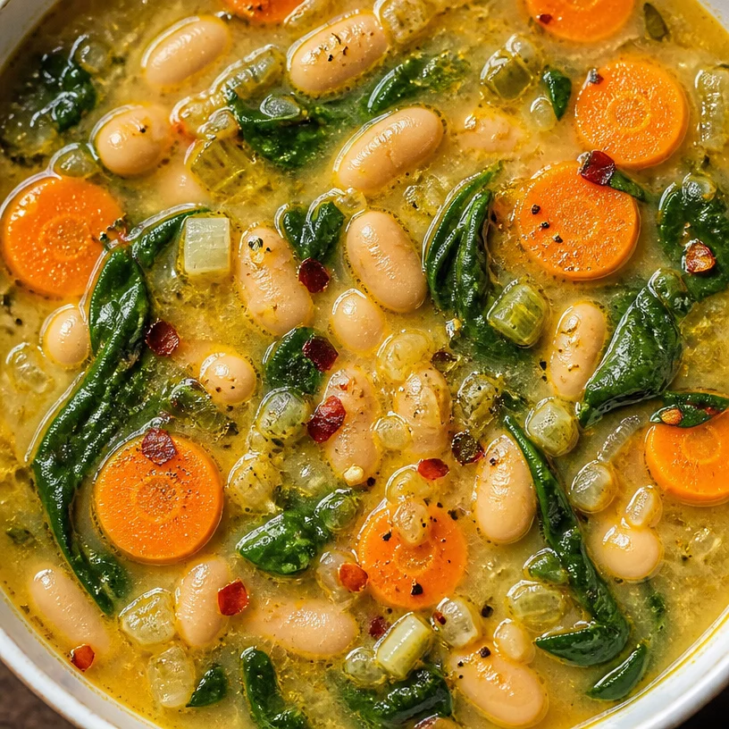 Bowl of Vegan Tuscan White Bean Soup with fresh herbs and vegetables