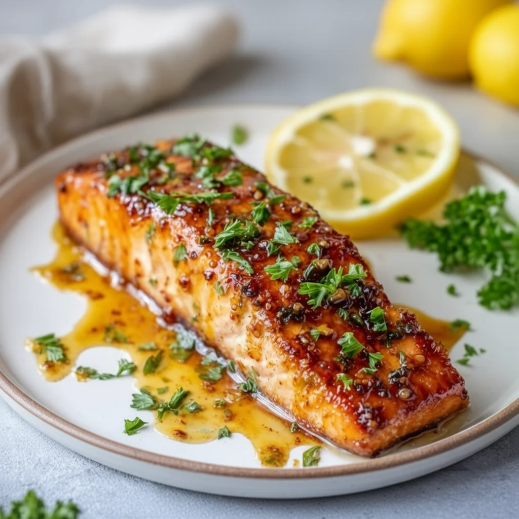 Air Fryer Honey Mustard Salmon dish garnished with herbs on a plate