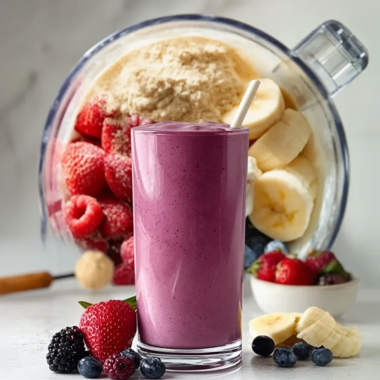 Berry banana protein smoothie in a glass with fresh berries and bananas