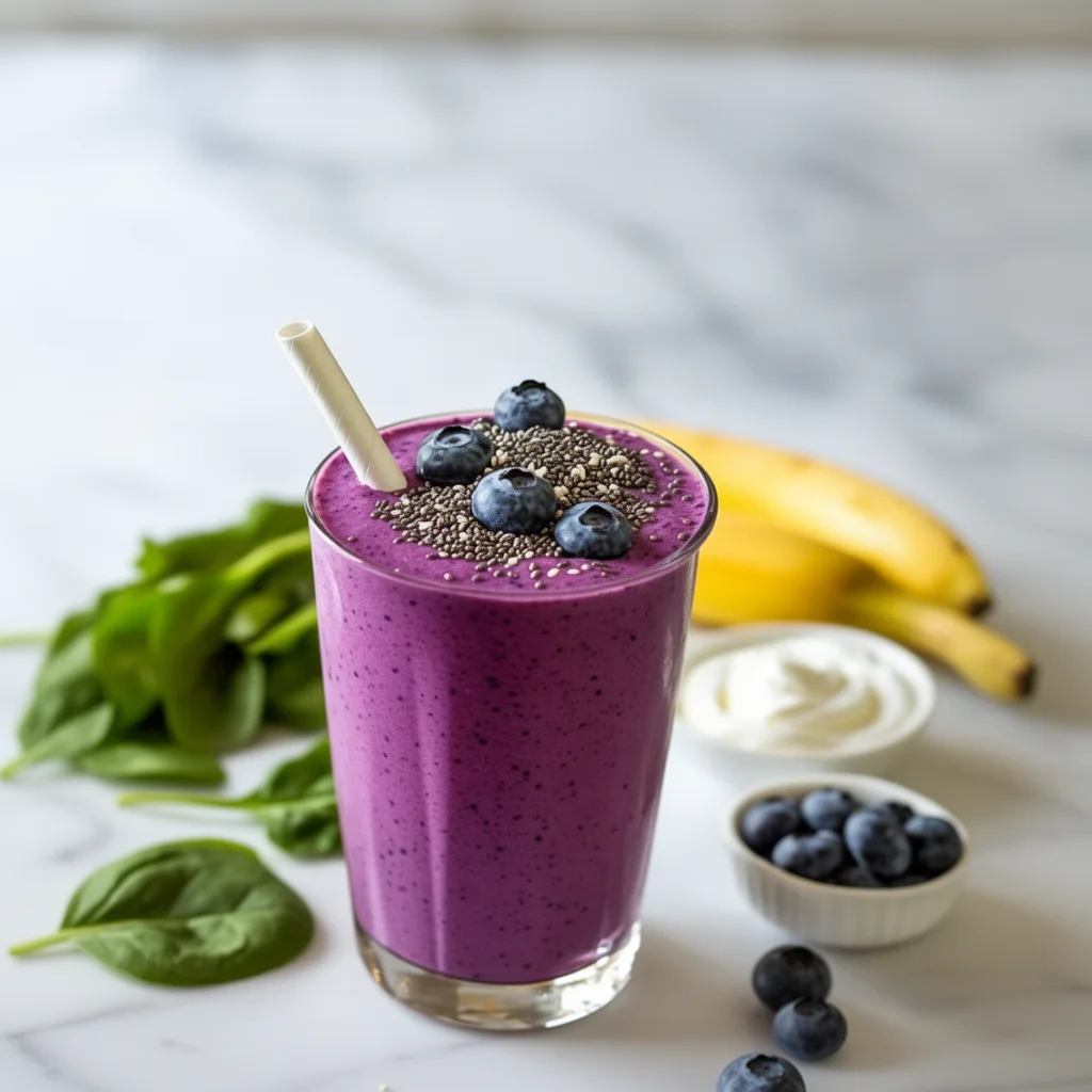 Blueberry spinach smoothie in a glass with fresh ingredients