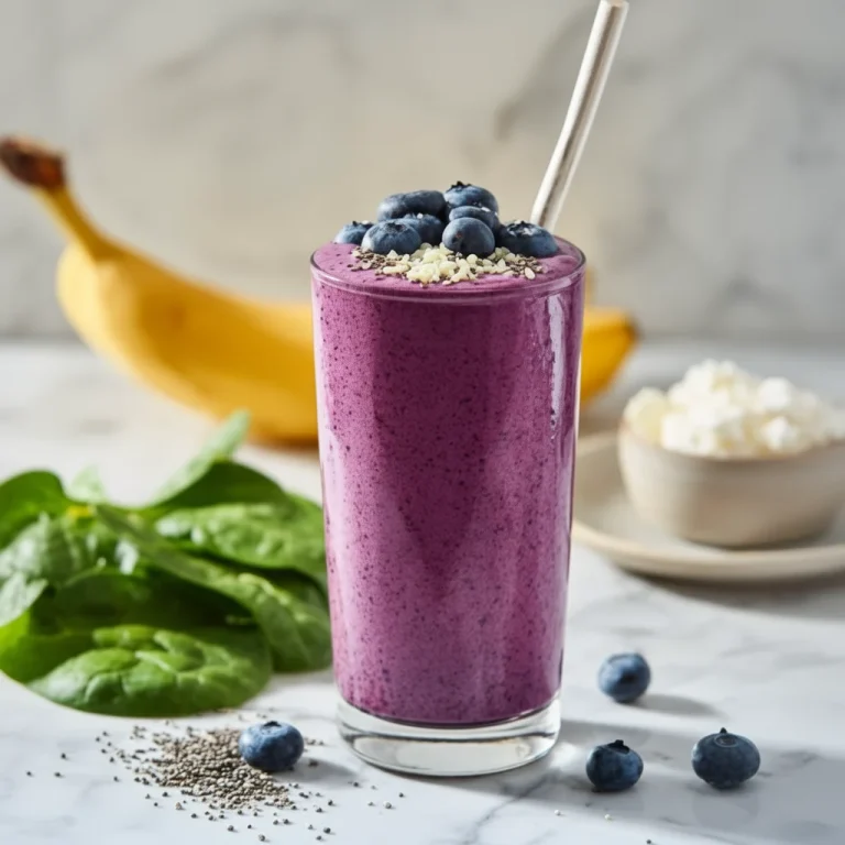 Delicious blueberry spinach smoothie in a glass with fresh ingredients