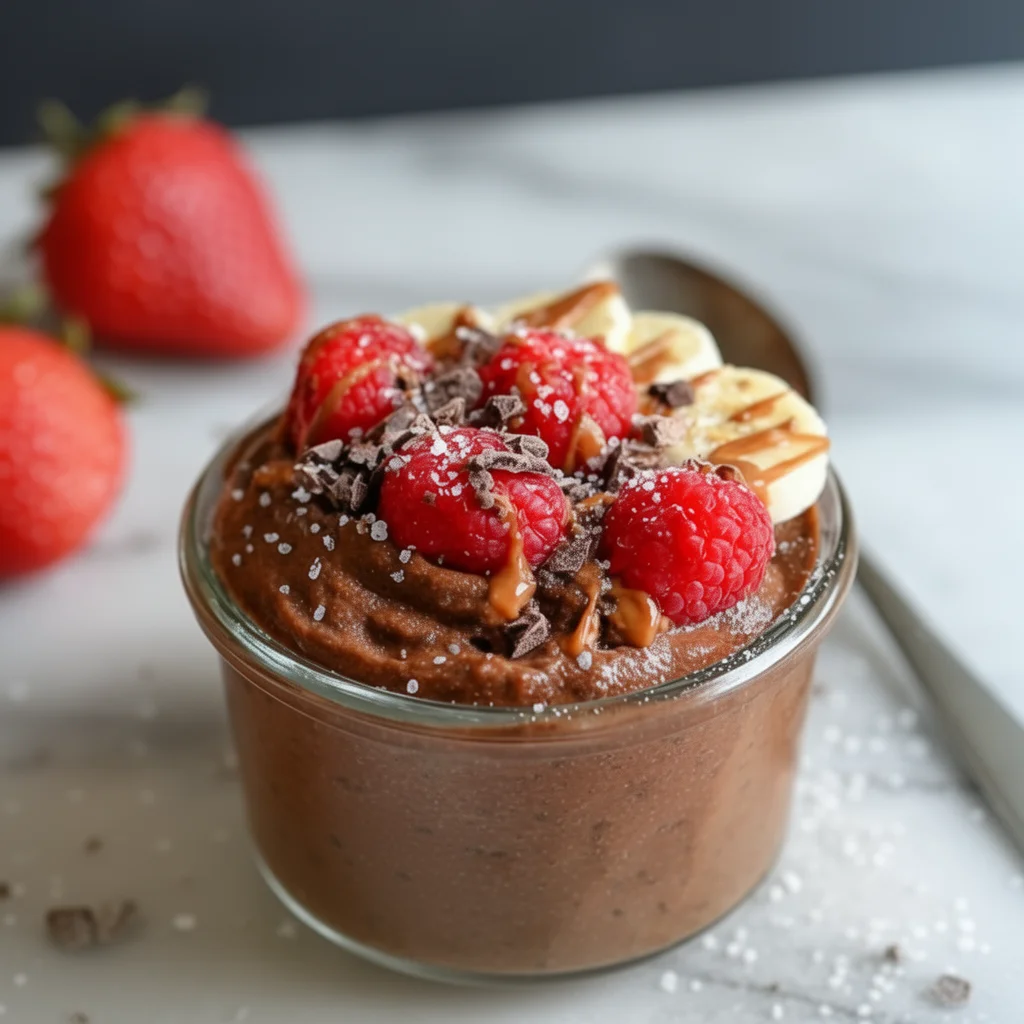 Delicious bowl of chocolate chia pudding topped with berries and nuts