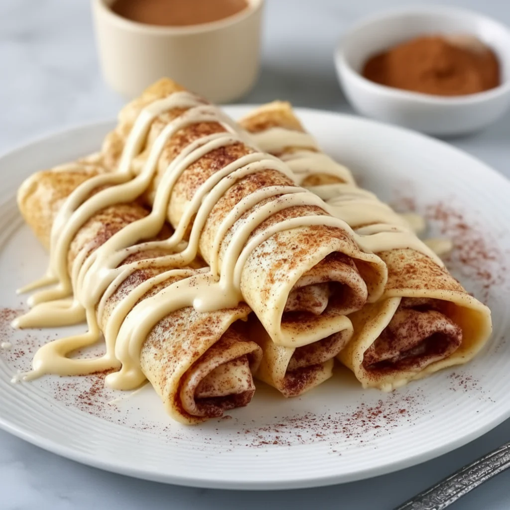 Delicious cinnamon roll high protein crepes topped with icing and cinnamon