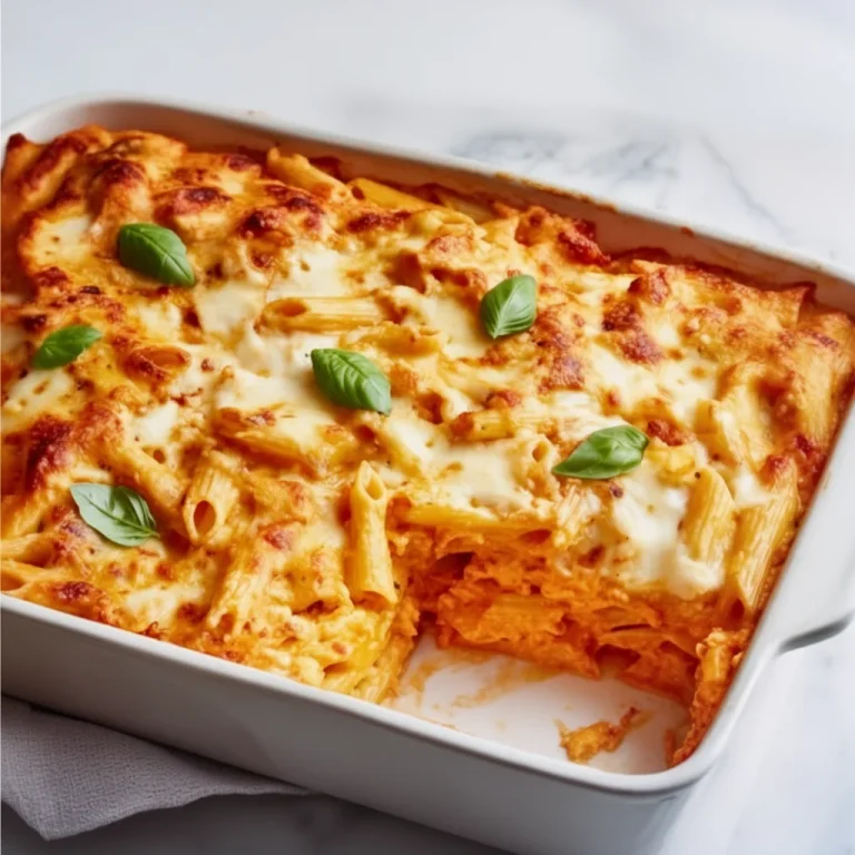 Creamy Cottage Cheese Pasta Bake served in a white dish with fresh herbs