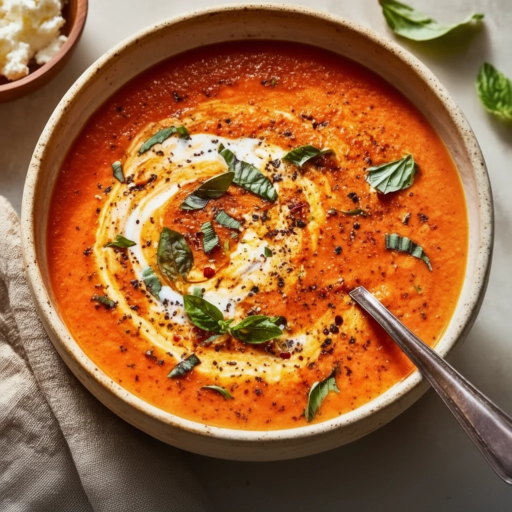 Creamy cottage cheese tomato soup in a bowl with fresh herbs