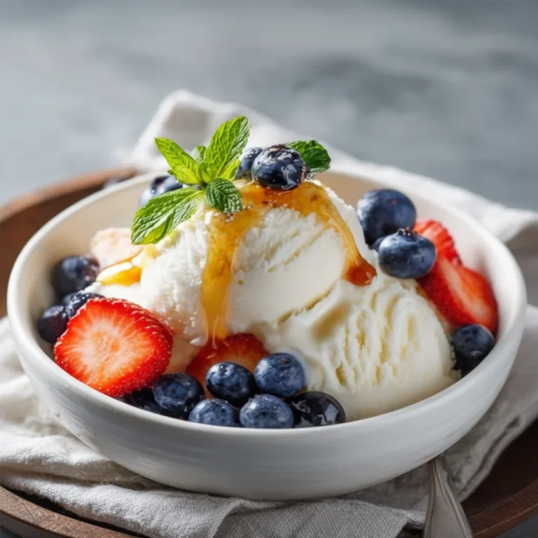 Delicious creamy frozen yogurt topped with fresh fruits and sprinkles.