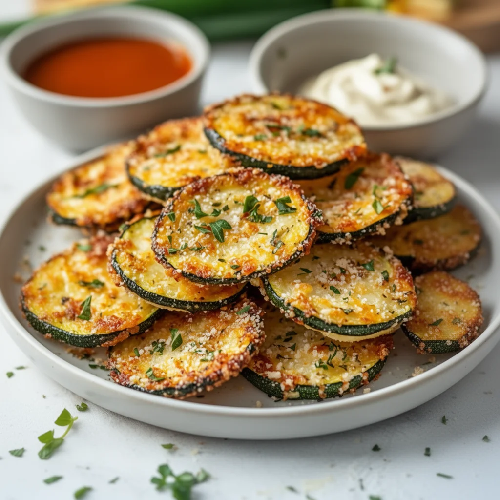 Crispy baked parmesan zucchini slices on a plate, garnished with herbs.