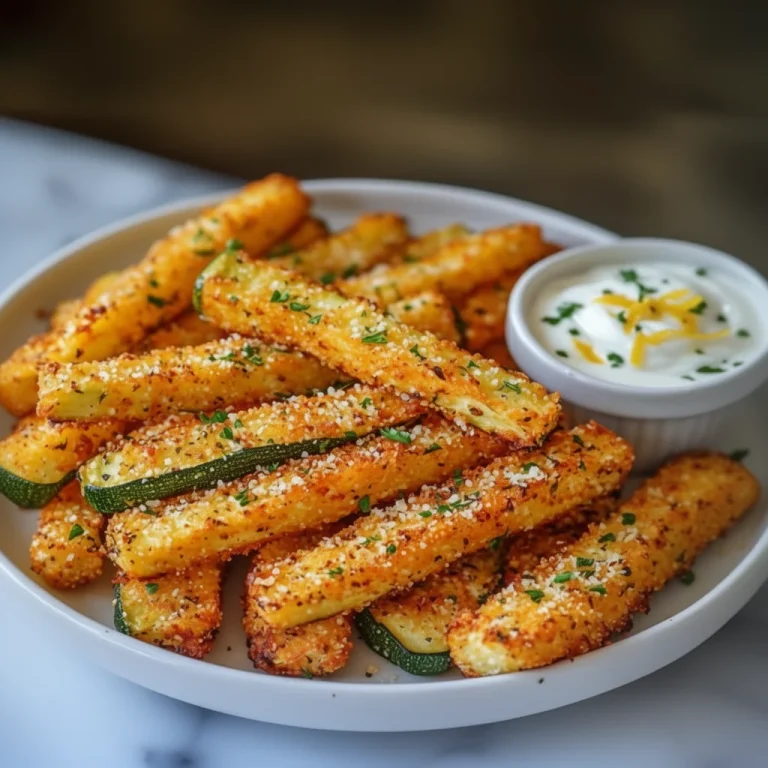 Plate of crispy zucchini fries served with a dipping sauce