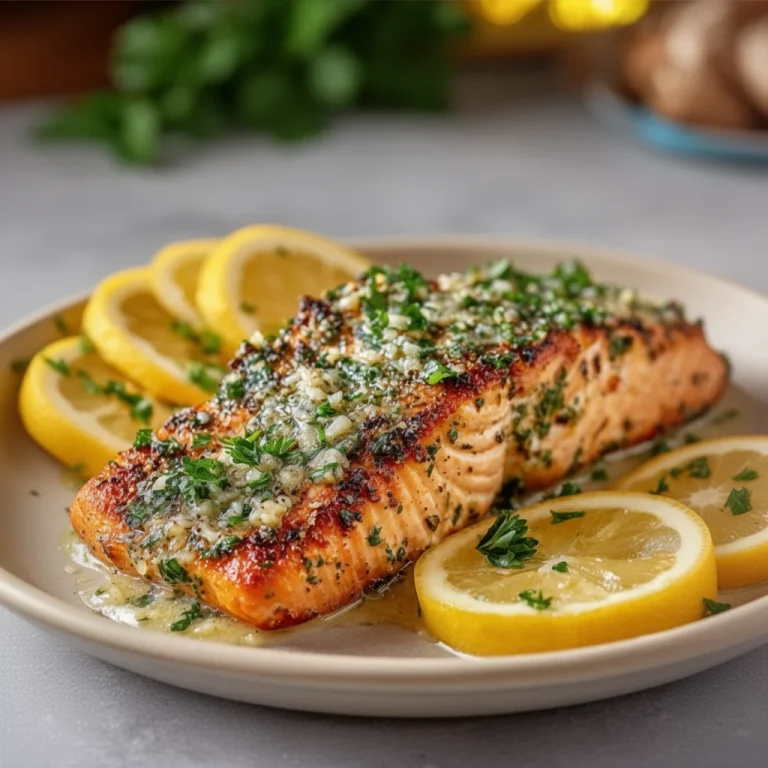 Easy lemon garlic oven baked salmon on a plate with fresh herbs