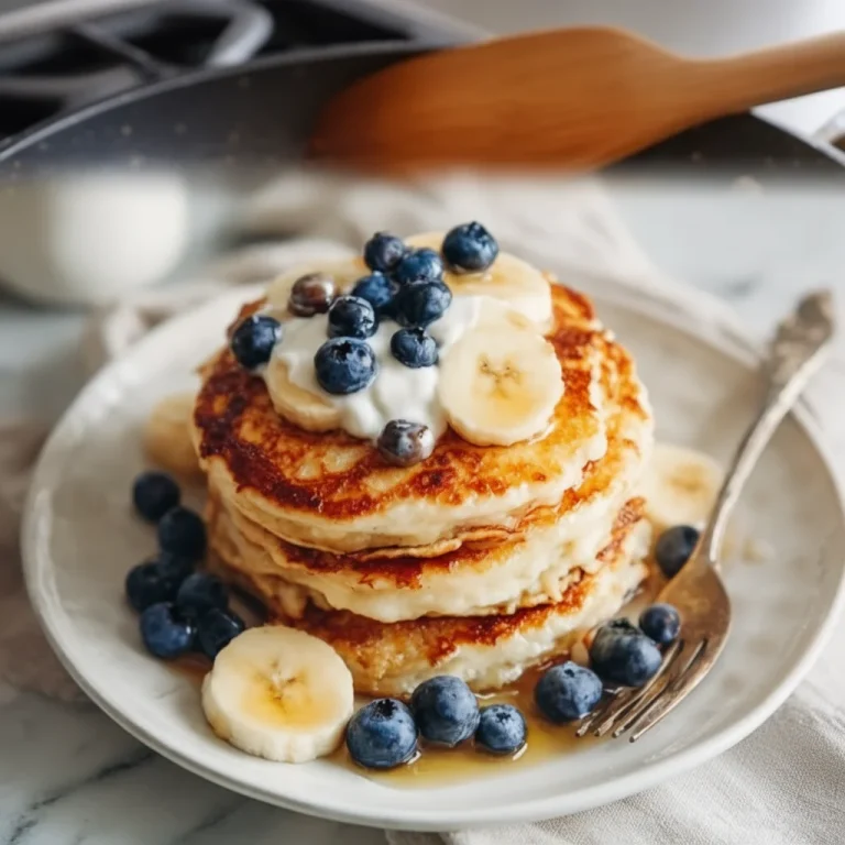Fluffy cottage cheese pancakes stacked on a plate with syrup and berries.