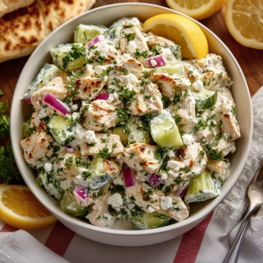 Delicious Greek yogurt chicken salad served in a bowl with fresh ingredients