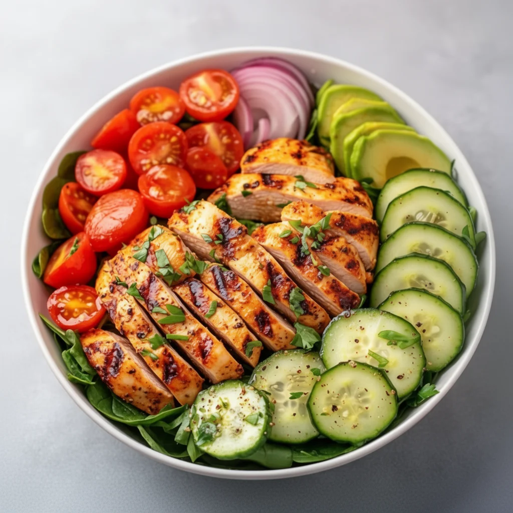 Delicious grilled chicken avocado salad with fresh vegetables and dressing