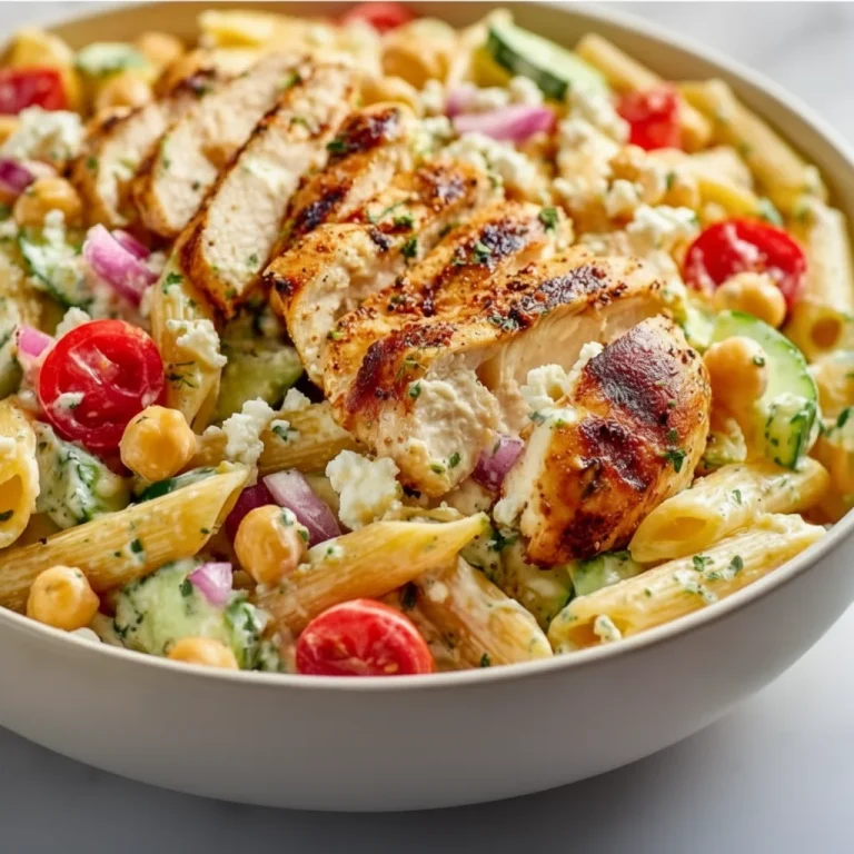 Grilled Chicken Chickpea Pasta Salad with fresh vegetables and dressing