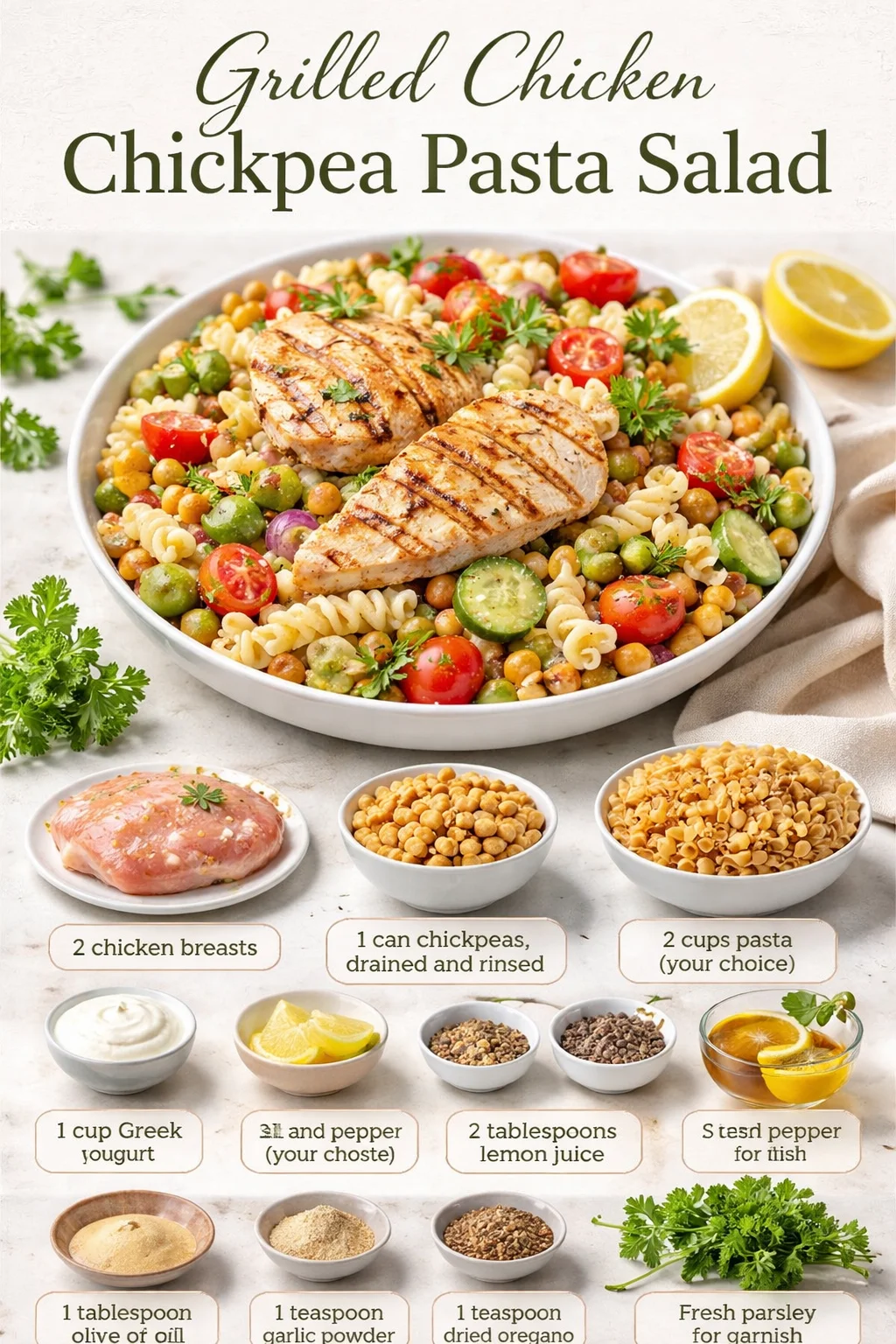 Grilled Chicken Chickpea Pasta Salad