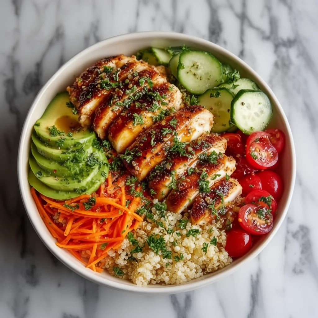Delicious Grilled Chicken Quinoa Bowl garnished with fresh vegetables