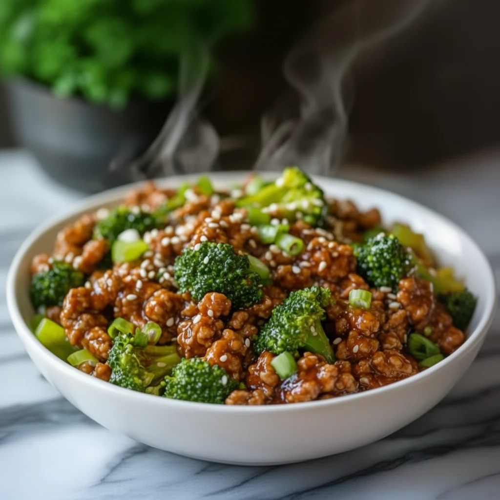 Stir-fried Ground Beef and Broccoli served in a bowl