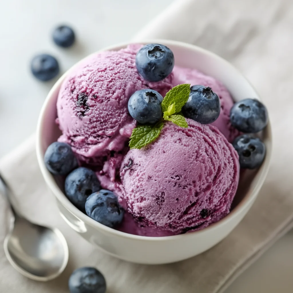 Healthy Blueberry Greek Frozen Yogurt topped with fresh blueberries