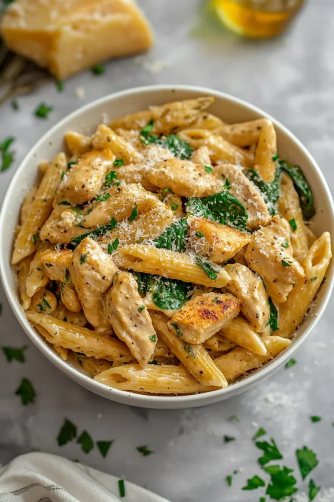 Healthy garlic parmesan chicken pasta served with fresh herbs