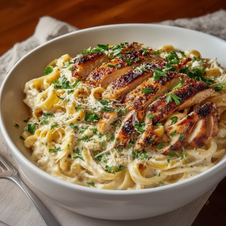 Bowl of healthy garlic parmesan chicken pasta with fresh herbs and parmesan cheese.