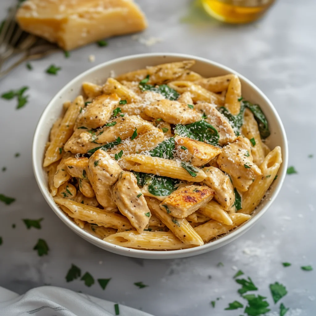 Plate of healthy garlic parmesan chicken pasta garnished with herbs