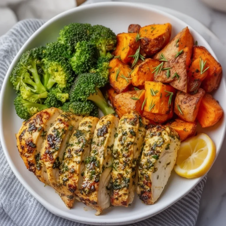 Healthy oven baked chicken breasts served on a plate with vegetables.
