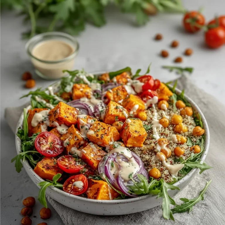 Healthy roasted sweet potato quinoa salad with colorful vegetables