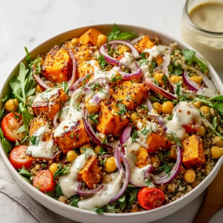 Healthy roasted sweet potato quinoa salad served in a bowl with fresh ingredients