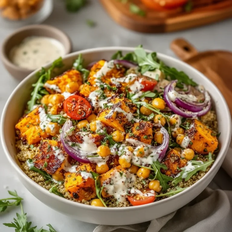 Healthy roasted sweet potato quinoa salad in a bowl with fresh ingredients