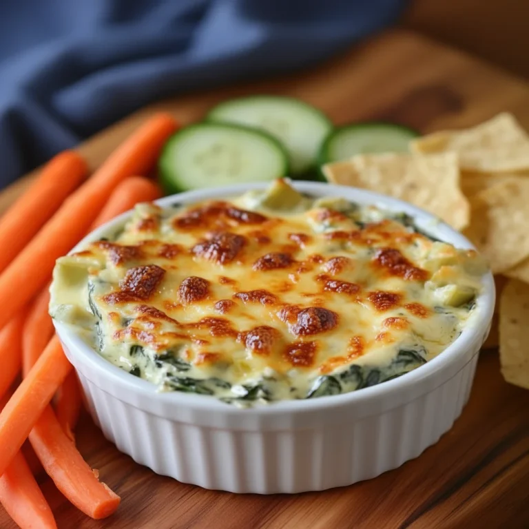 Healthy spinach artichoke dip served in a bowl with fresh vegetables for dipping