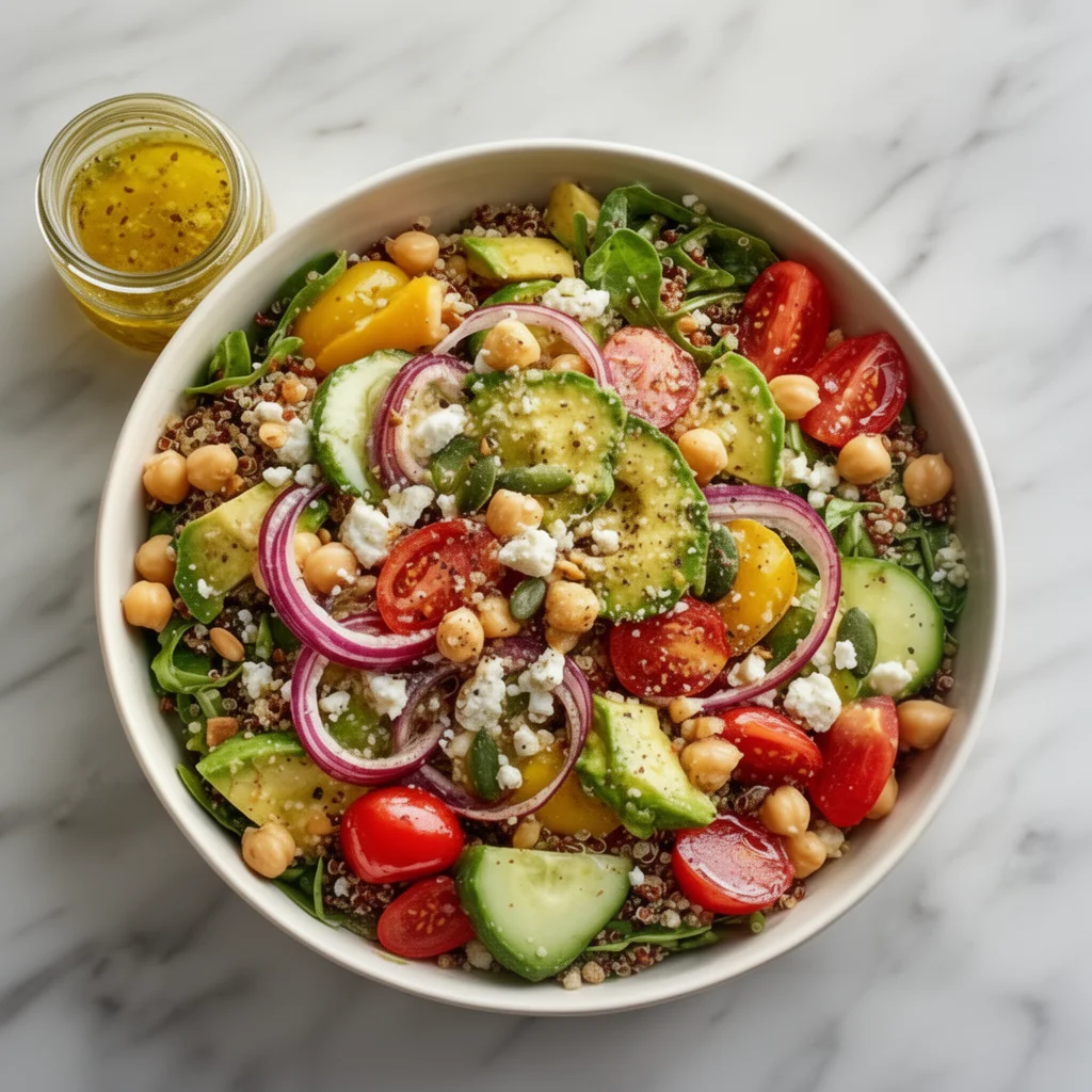 Colorful and healthy summer salad with fresh vegetables and dressing