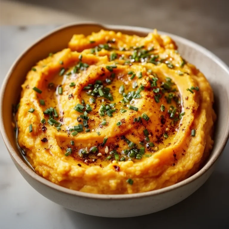 Healthy sweet potato mash served in a bowl, topped with herbs.
