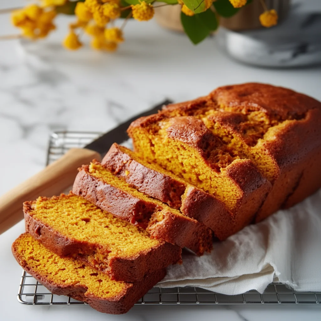 Slice of healthy Thanksgiving pumpkin bread topped with nuts.