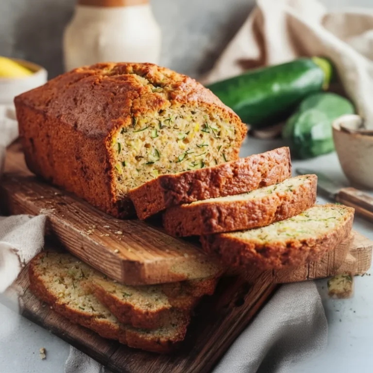Healthy zucchini bread loaf with walnuts and slices on a cutting board