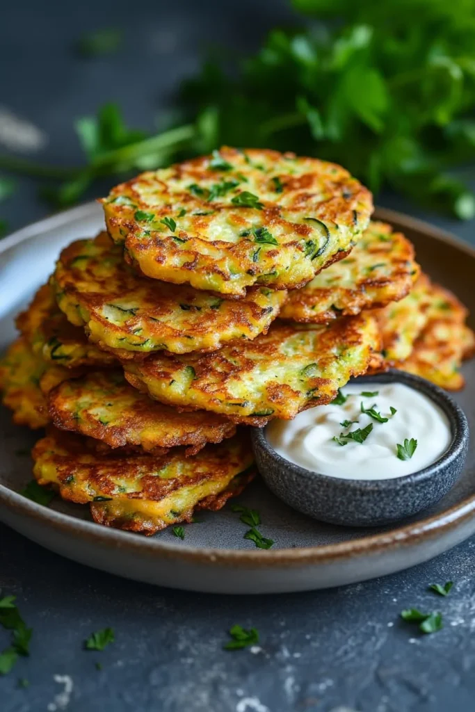 Plate of healthy zucchini fritters served as a side dish
