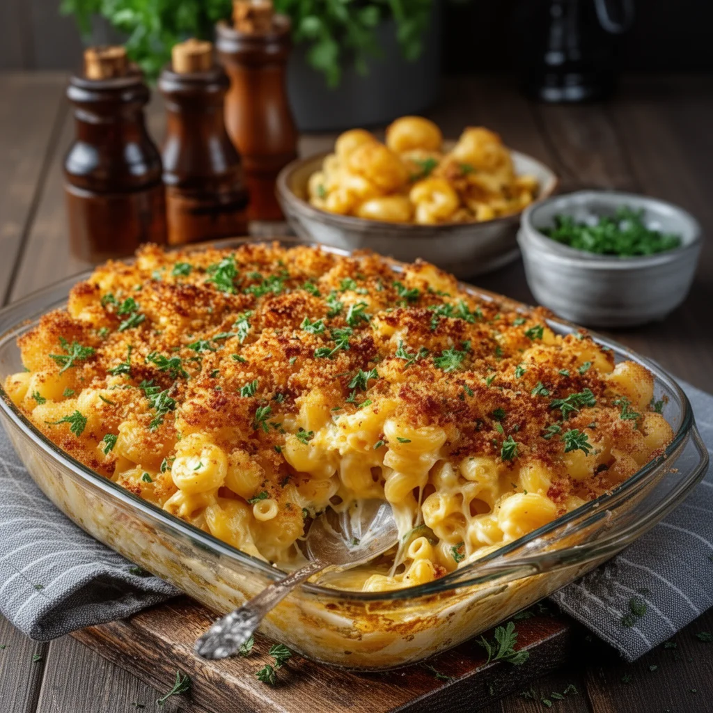 High-Protein Baked Mac and Cheese topped with breadcrumbs and herbs