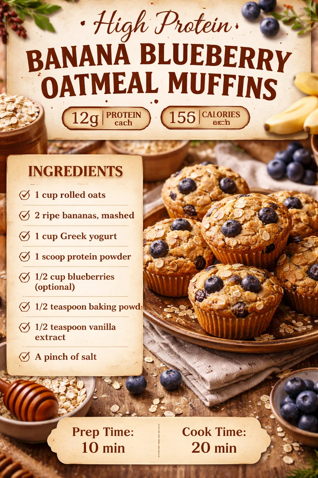 High Protein Banana Blueberry Oatmeal Muffins