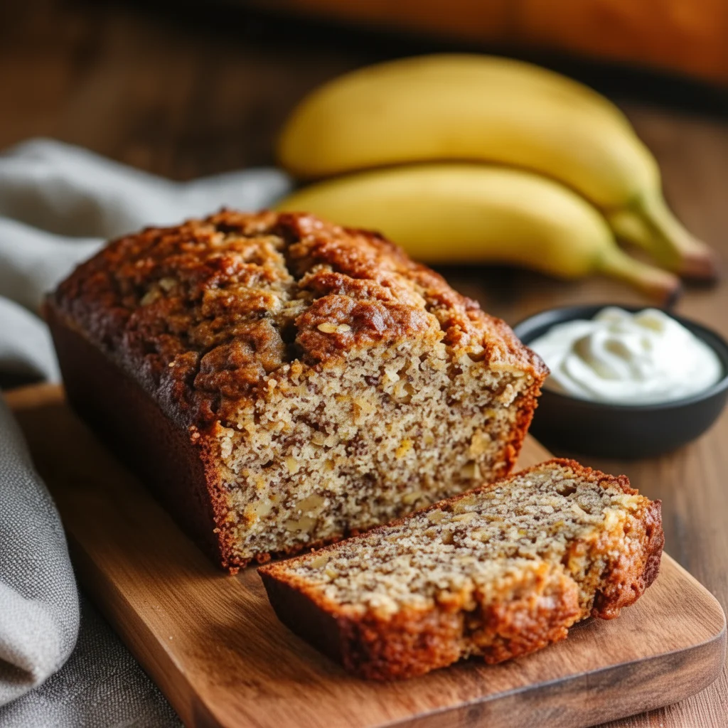 High protein banana bread slice on a wooden table