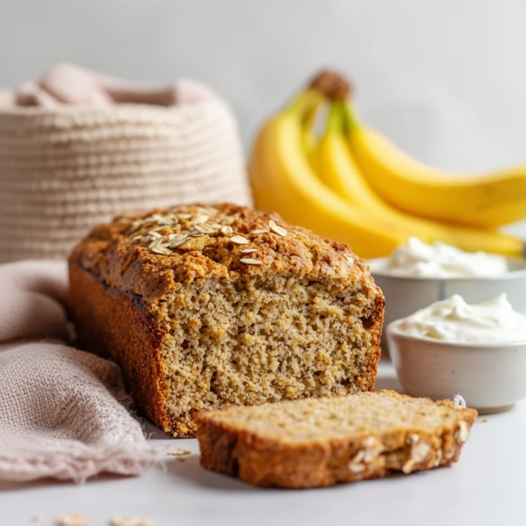 Slice of high protein banana bread garnished with walnuts and banana slices