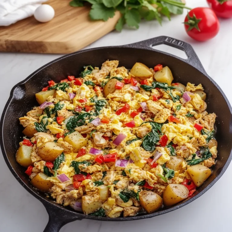 High Protein Breakfast Skillet with Eggs and Chicken served in a skillet