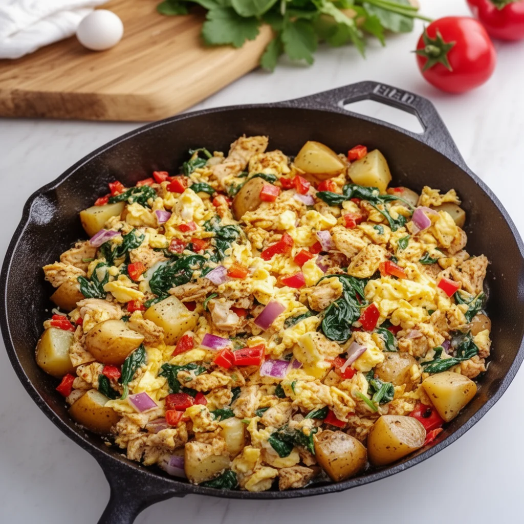 High Protein Breakfast Skillet with Eggs and Chicken served in a skillet