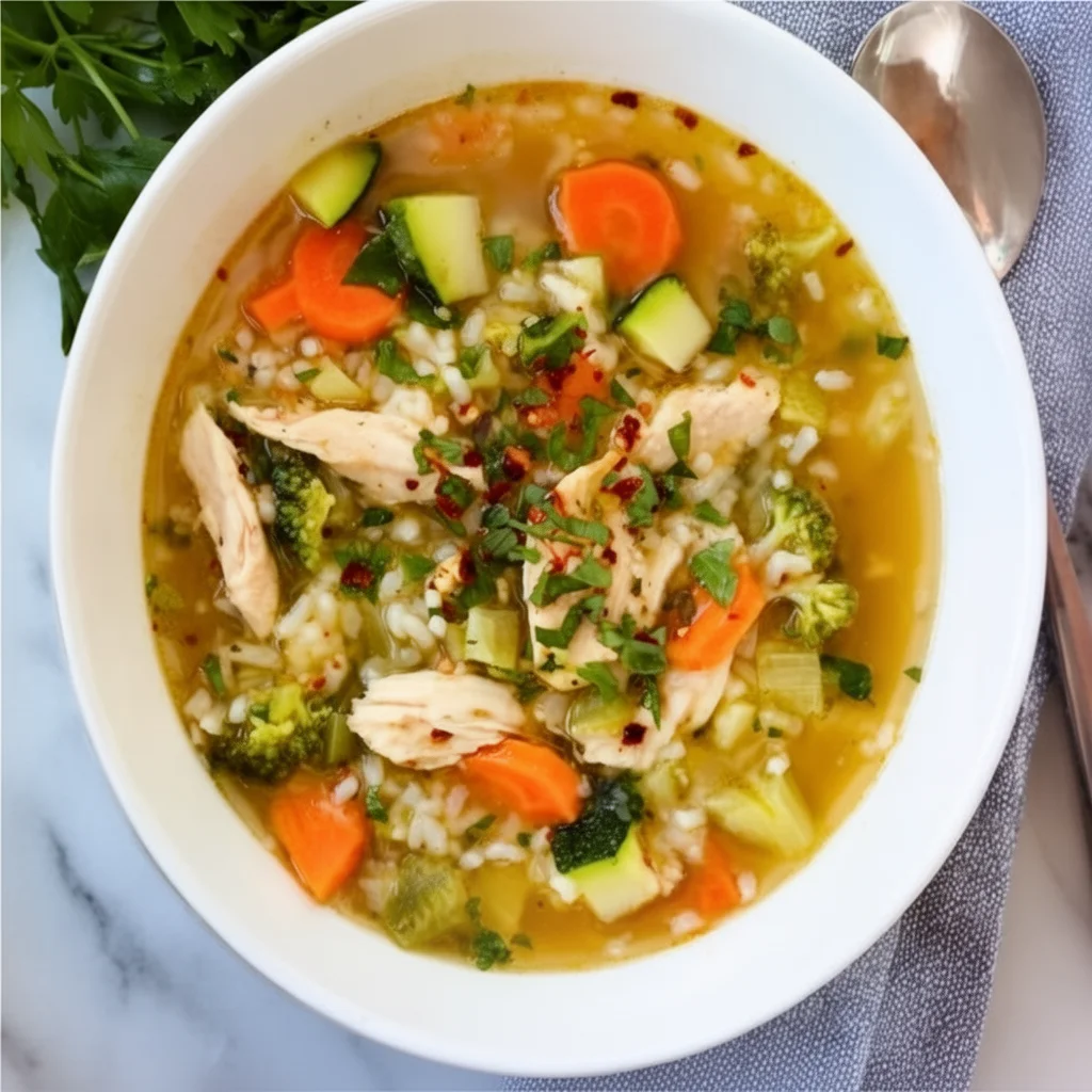High protein chicken vegetable soup with fresh ingredients in a bowl
