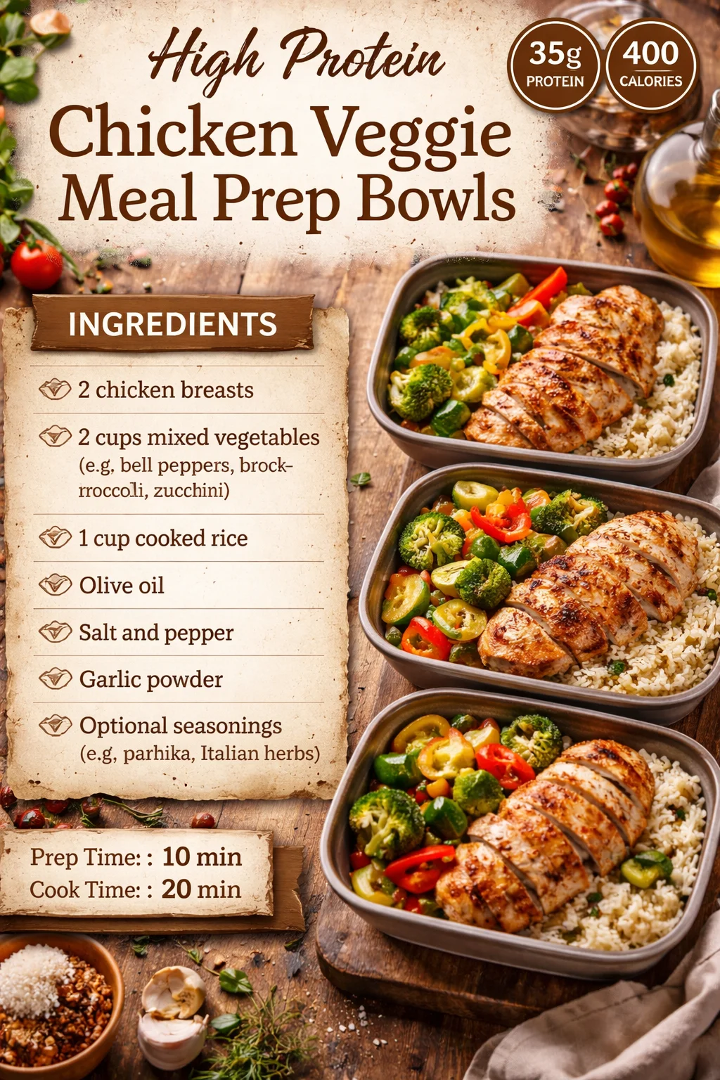 High Protein Chicken Veggie Meal Prep Bowls