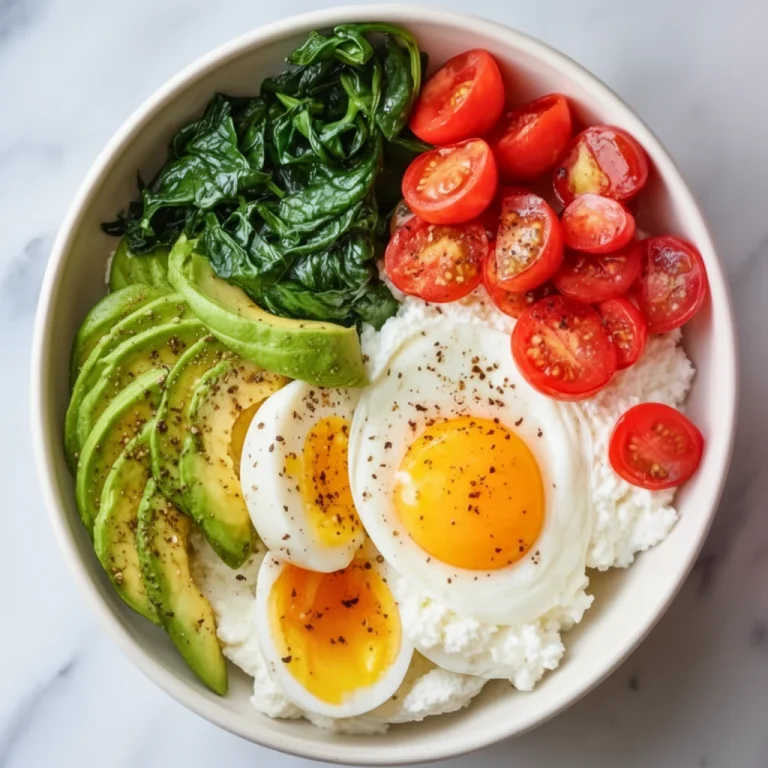 High protein cottage cheese egg bowl topped with herbs and spices